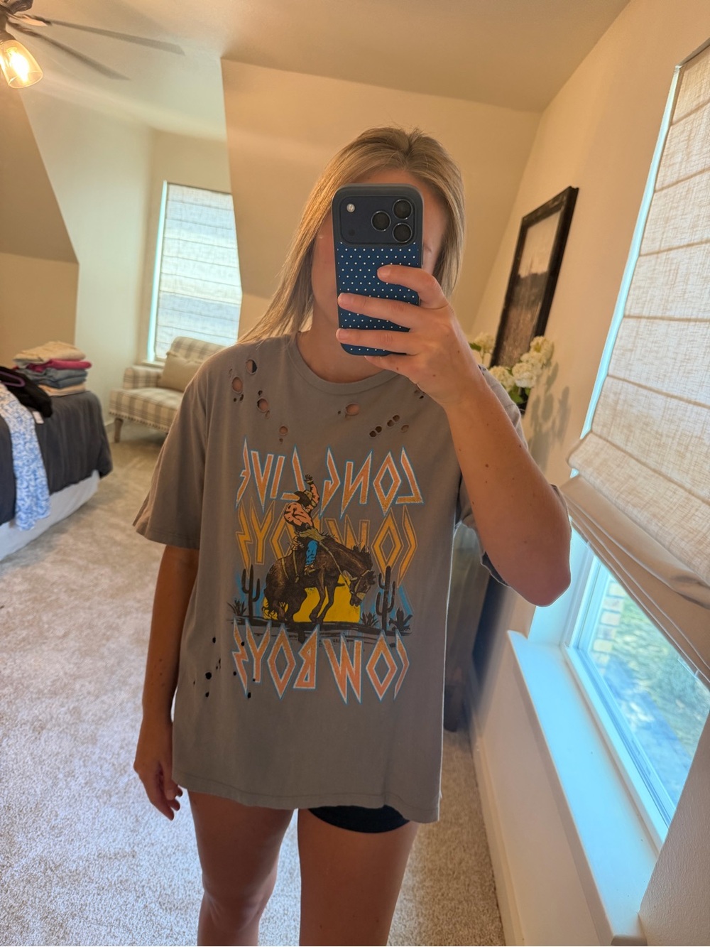 Graphic Cowboy Print Distressed Tee - Gray